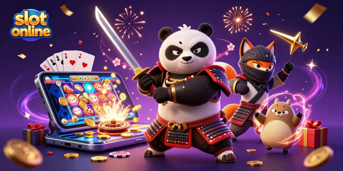 Menyaksikan slot online dengan panda samurai dan ninja rubah di tengah pesta kasino yang meriah.