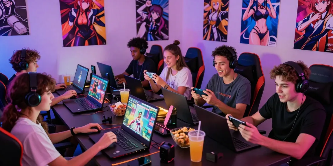 Friends playing a hentai game online on multiple devices in a colorful gaming room.