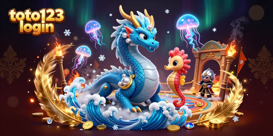 Engage with toto123 login in a vibrant, action-filled casino illustration featuring a water dragon and seahorse knight.