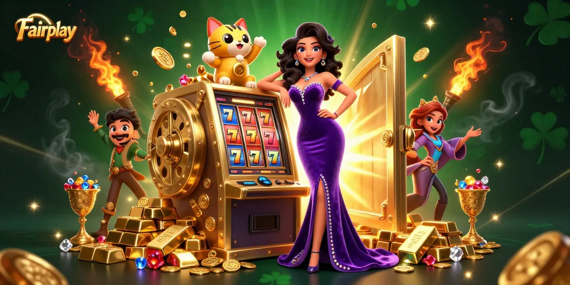 Experience Fairplay with a glamorous jackpot scene featuring slots and treasures.