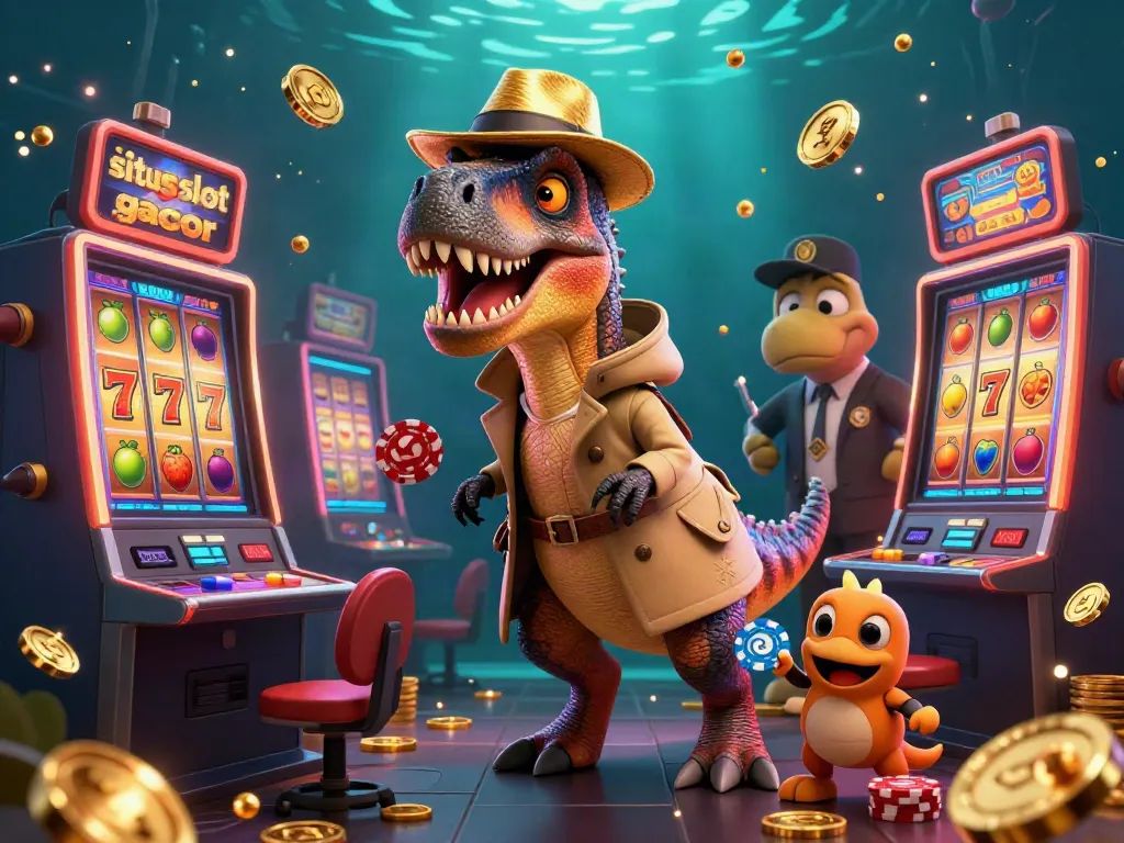 Situs slot gacor illustration depicting a velociraptor at a slot machine, enhancing online gambling appeal.