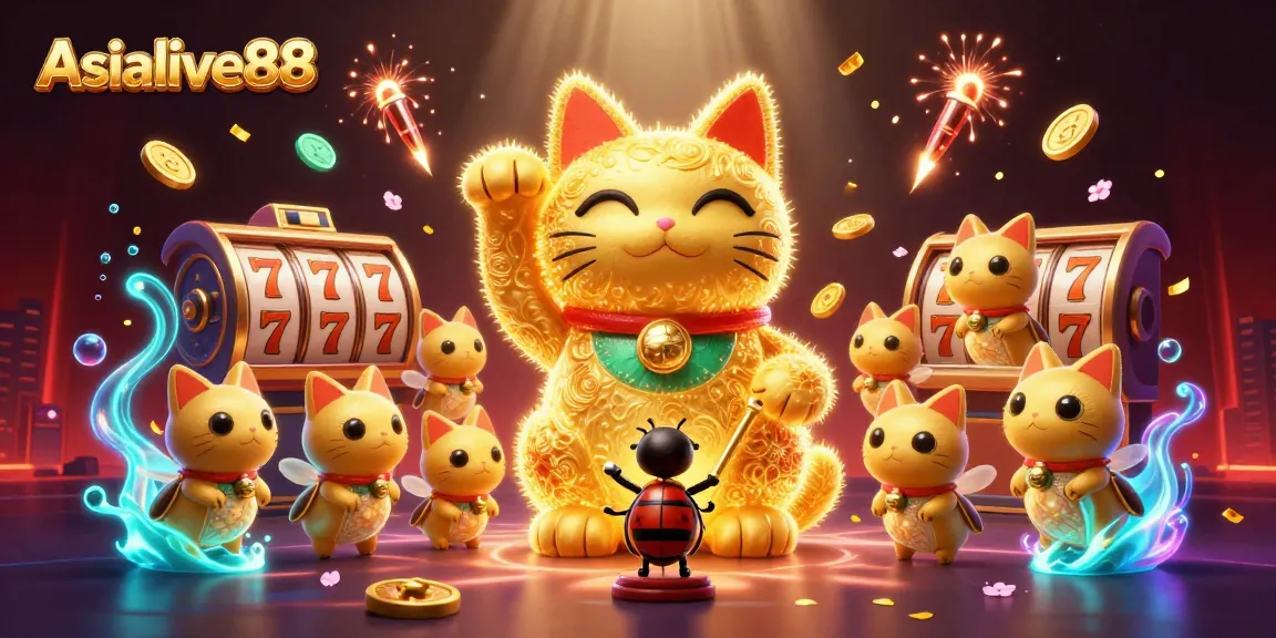 Engage with Asialive88's vibrant slots and lucky cat theme in this lively casino illustration.