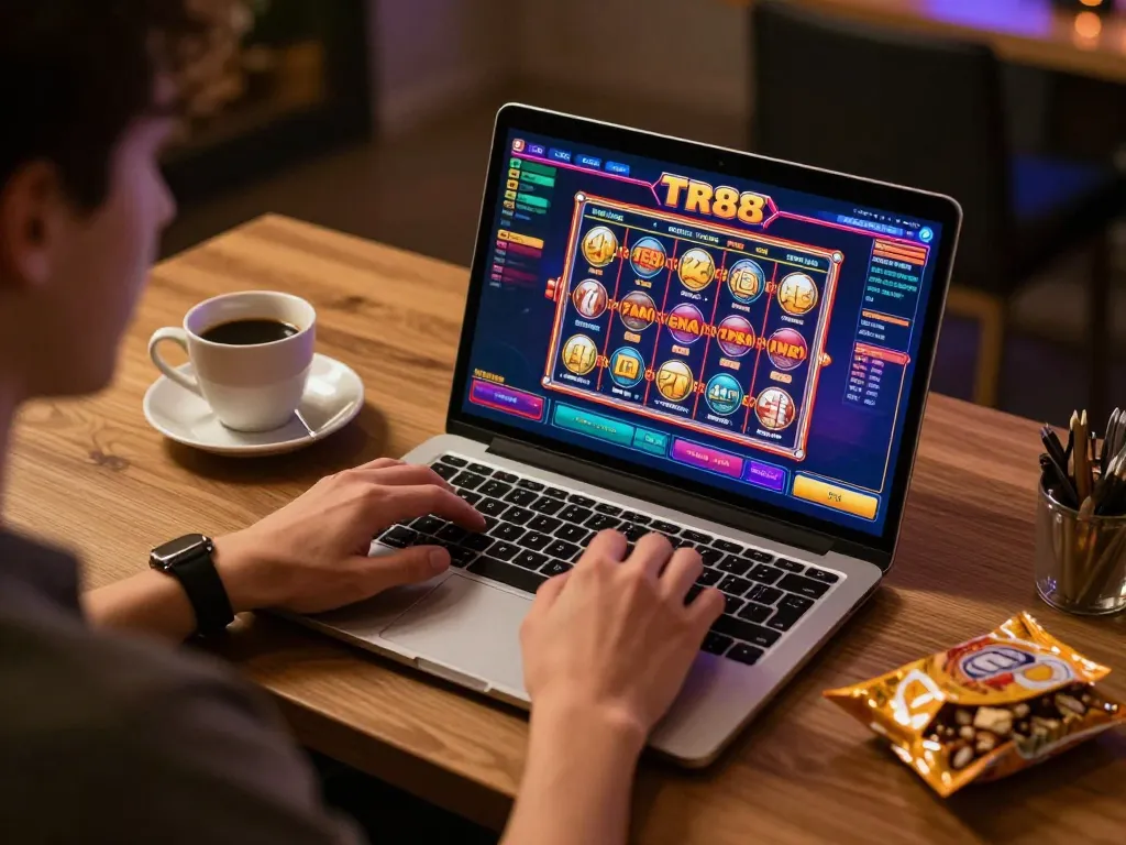Playing tr88 slot game on a laptop with snacks and drinks available in a cozy setting