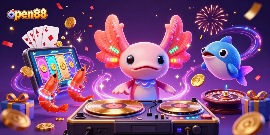 Open88’s vibrant casino scene with a DJ axolotl and dynamic characters creating excitement.