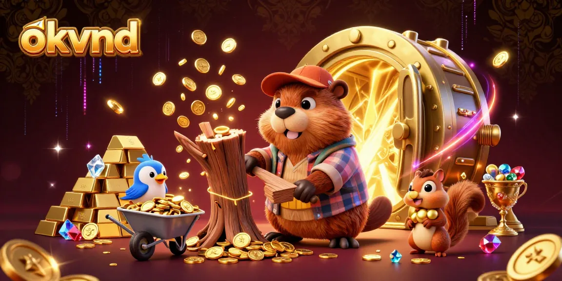 Experience luck with okvnd as cartoon characters collect gold coins and treasures in a vibrant casino scene.