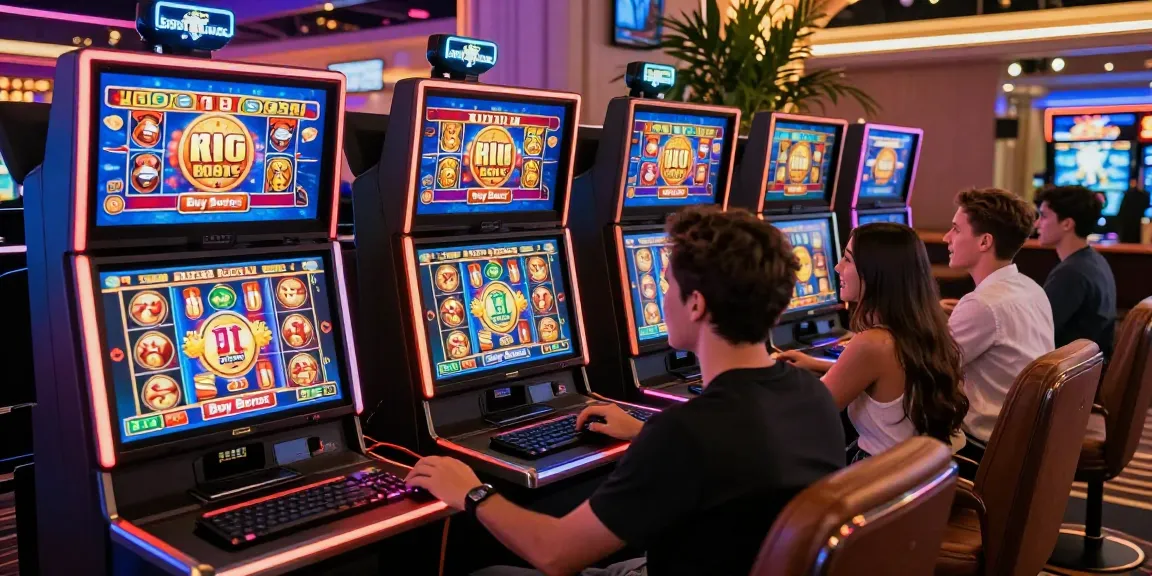 Players engaged in bonus buy slots at an online casino, showcasing excitement and vibrant game displays.