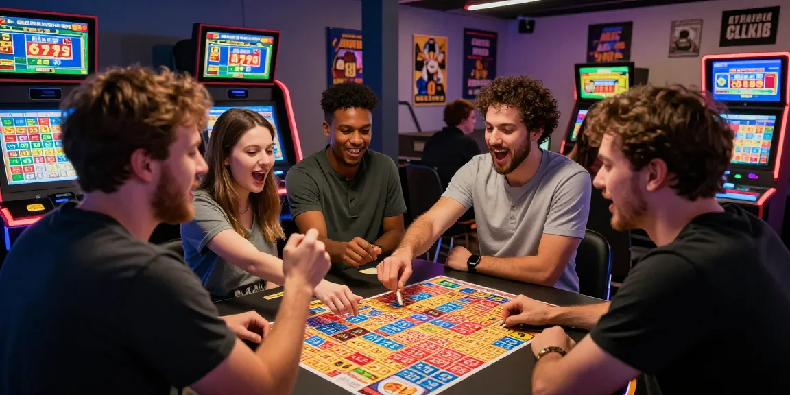 Lotto 6 aus 45 – A evolução da loteria desde seu lançamento até o presente, people excitedly playing in a modern lottery gaming lounge with digital displays.