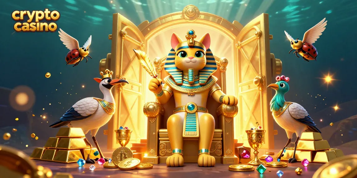 Engage in thrilling action at a crypto casino with vibrant 3D illustration of pharaoh cat, coins, and treasures.
