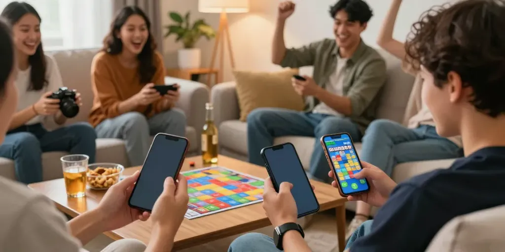 Excited player enjoying Rumble Rummy on a mobile device in a cozy living room atmosphere.