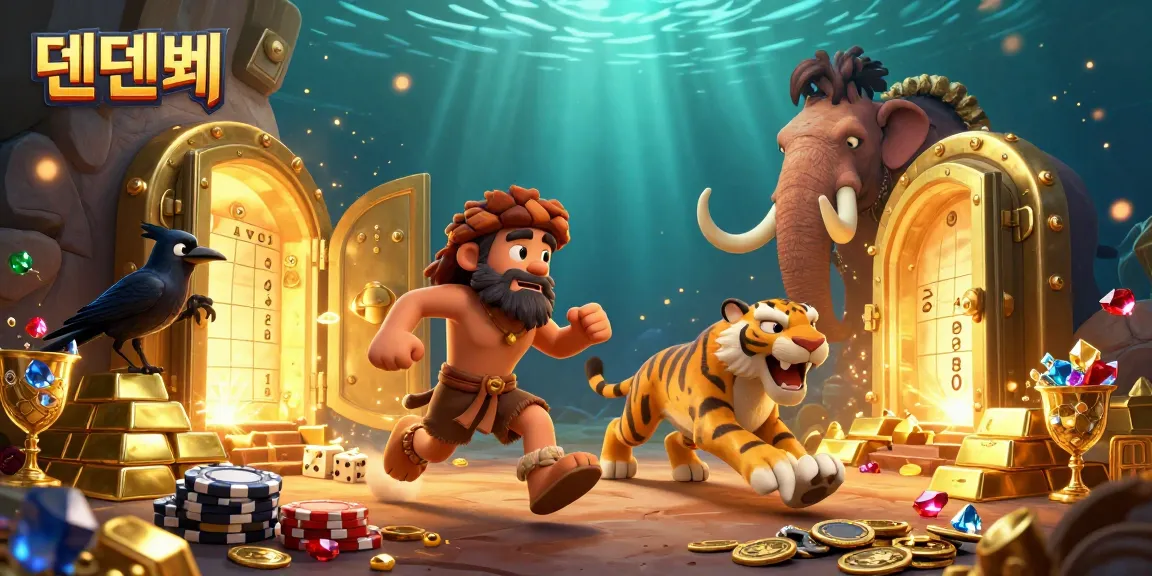 Engage with 텐텐벳 in a vibrant prehistoric casino setting with playful cavemen and immersive gameplay.
