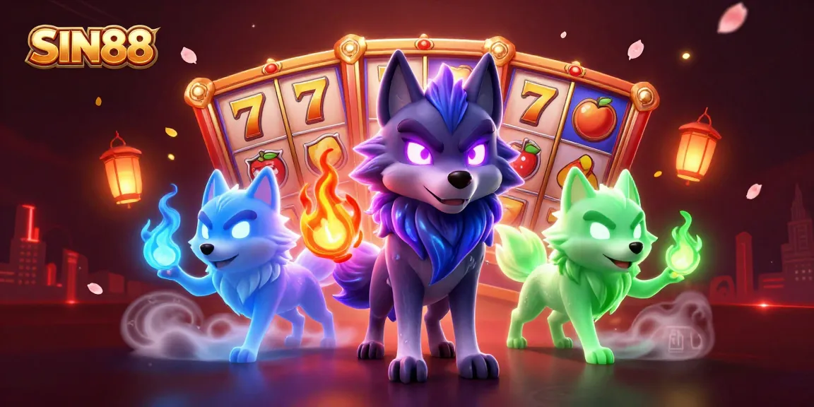 SIN88 illustrates slot game excitement with a thrilling wolf character trio in a vibrant casino setting.