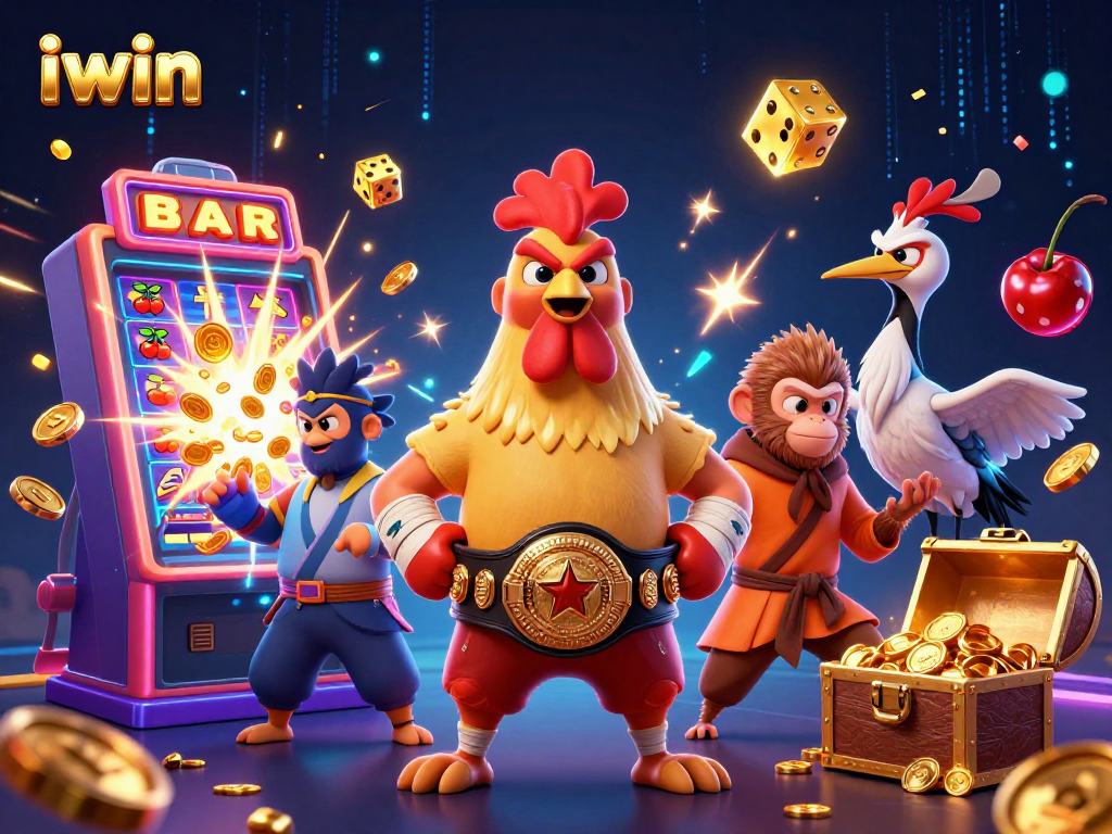 Experience the thrill of iwin with a vibrant 3D casino illustration featuring dynamic characters and exciting game elements.