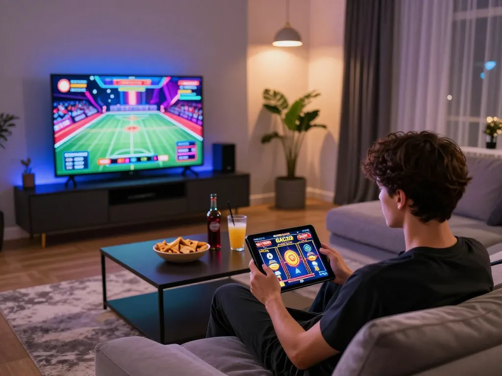 Player enjoying a thrilling slot gacor game on tablet in modern living room
