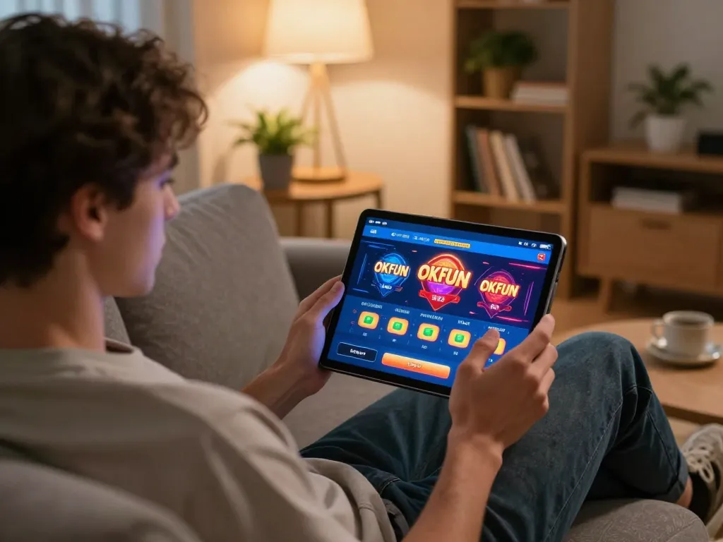 Engaging in online gambling with the OKFUN app on a tablet in a cozy home setting