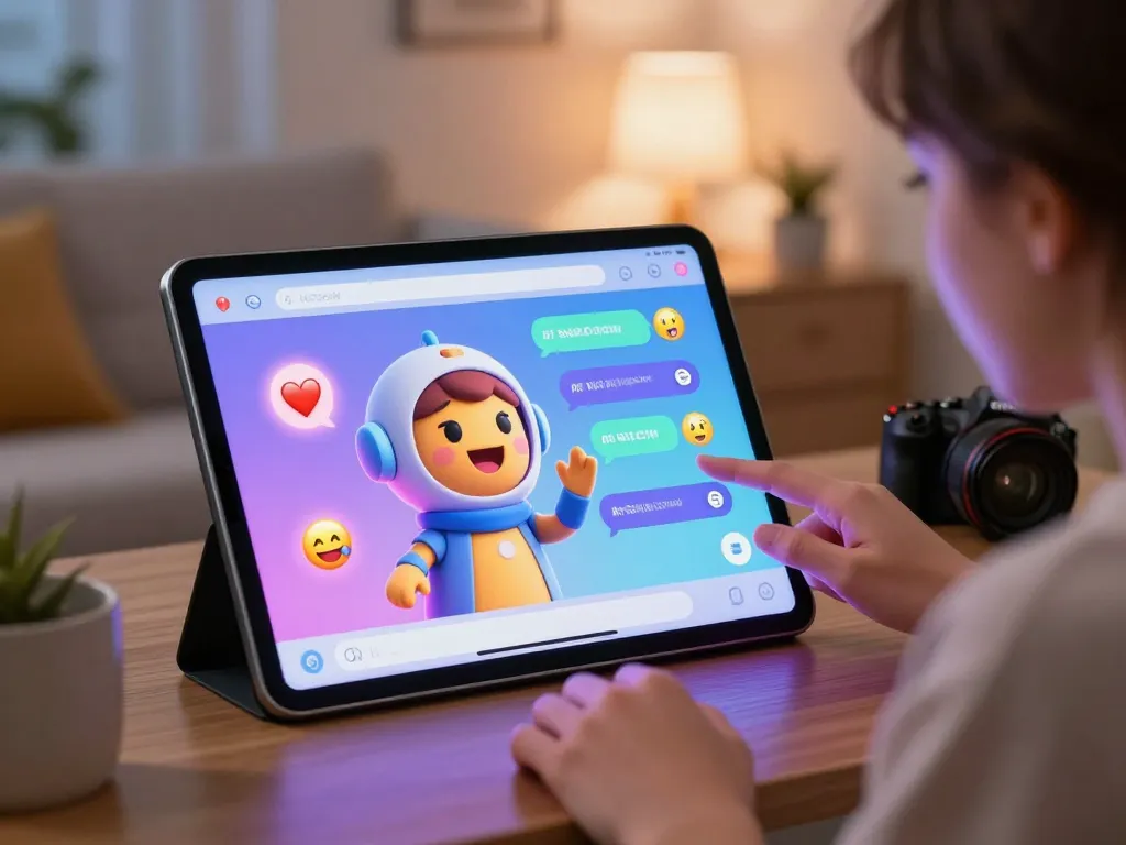Engaging AI chat nsfw conversation on tablet with playful avatar and interactive elements.
