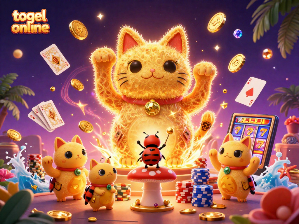 Engage in togel online with this vibrant 3D illustration featuring a lucky cat and dazzling casino elements.