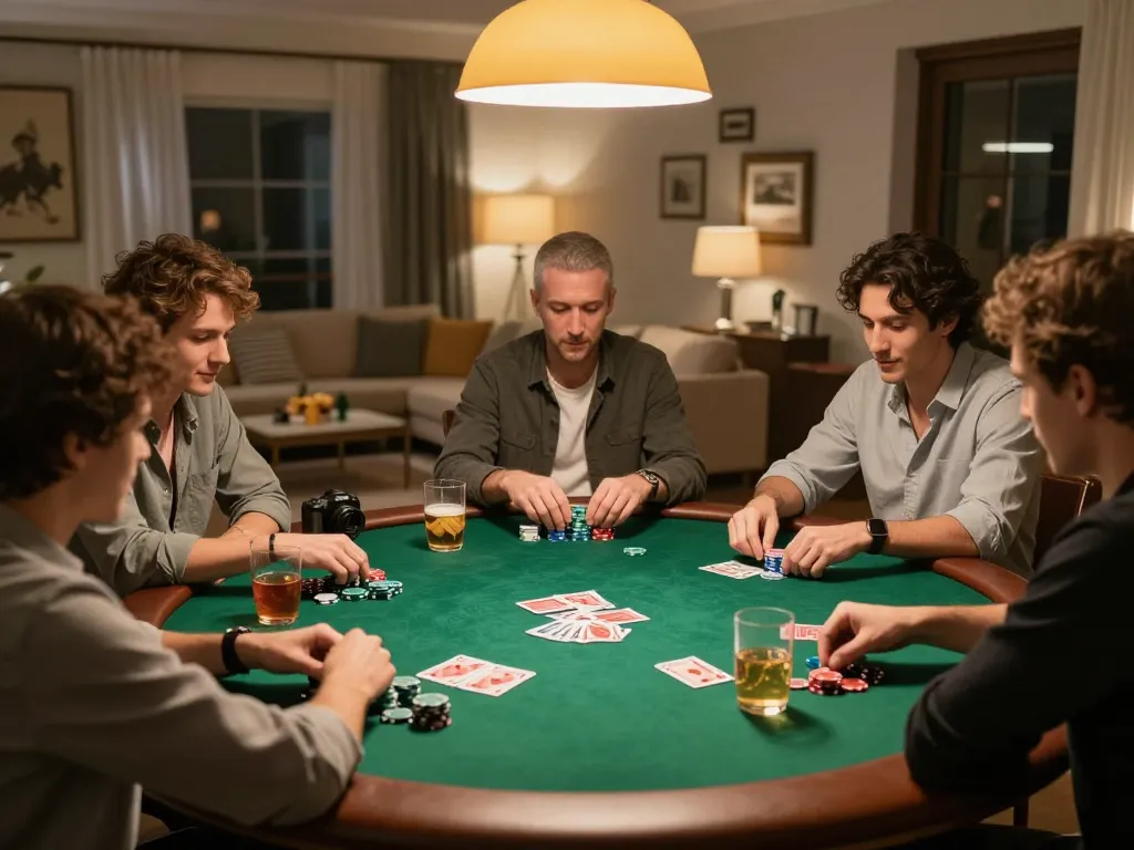 Friends enjoy a strategic poker game night, placing bets with m115 chips around a green felt table.
