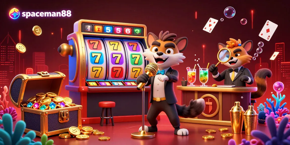 Engage with spaceman88 at a vibrant casino scene featuring hyenas, slot reels, and treasure.