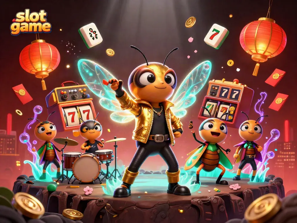 Permainan slot game dengan simbol kemenangan dan jackpot bersinar di antara cicada rock star digital yang energik.