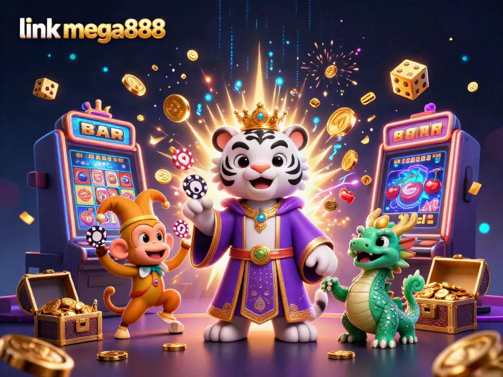 Experience the thrill of link mega888 with an elegant tiger, playful monkey, and vibrant casino elements.