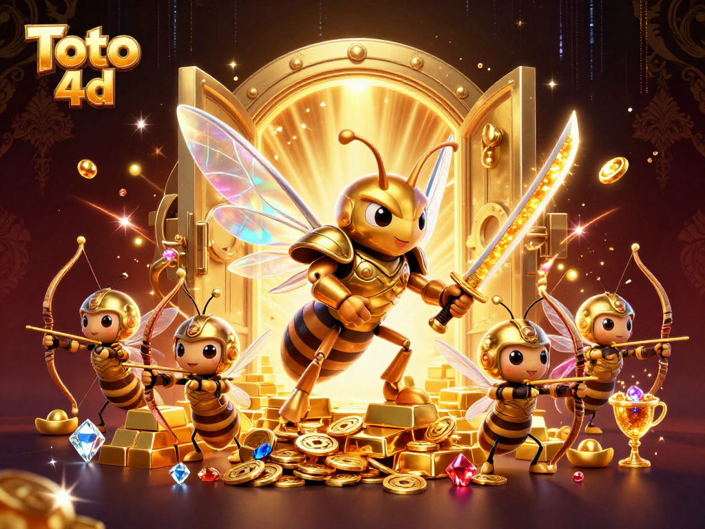Engage with Toto 4d in a vibrant scene featuring a golden hornet and treasure in a stylized casino.