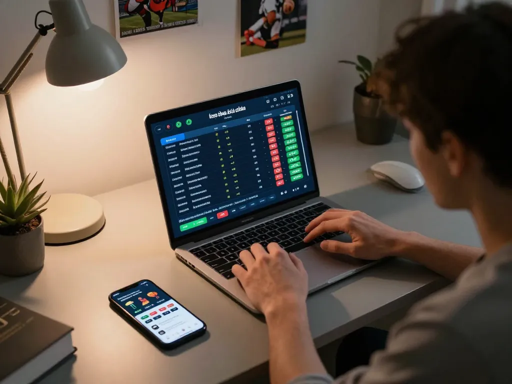 Engaging scene of sports betting with live kèo nhà cái trực tiếp on laptop, showcasing strategic gaming atmosphere.