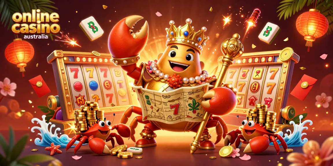 Engage with the excitement of online casino Australia, featuring a golden crab emperor and slot elements.