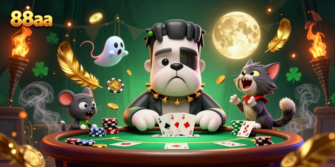 Engage in thrilling poker action with 88aa's lively casino scene featuring a Frankenstein bulldog dealer!