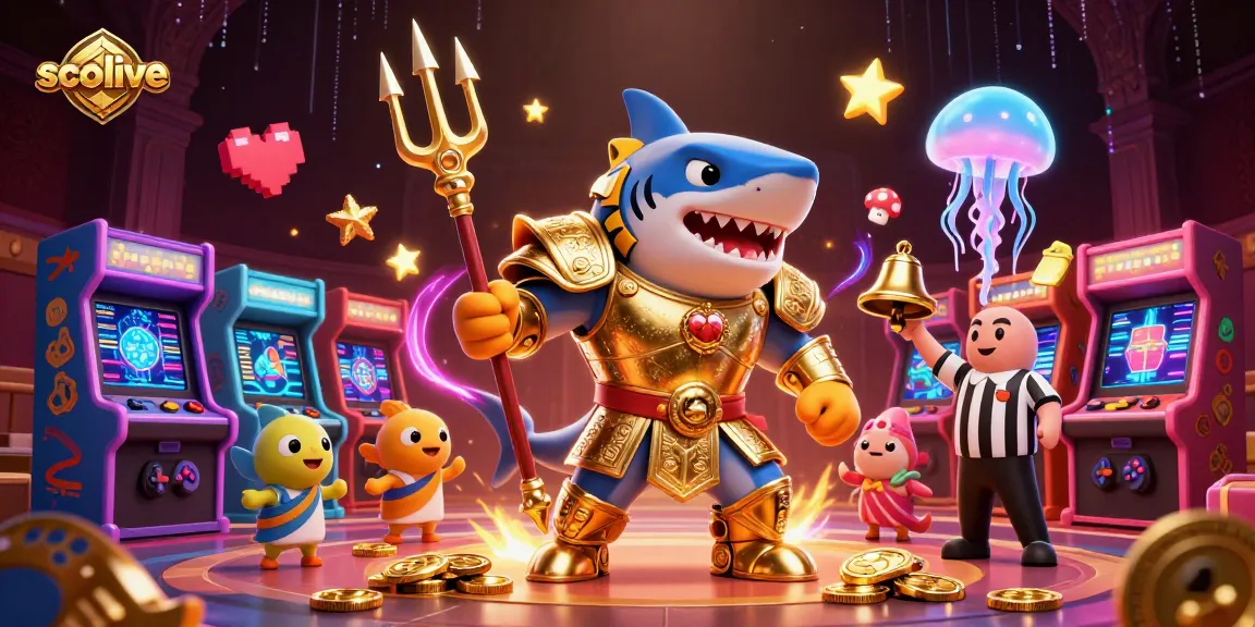 Socolive streamers enjoy a thrilling underwater casino match with a shark in gladiator armor and a jellyfish referee.