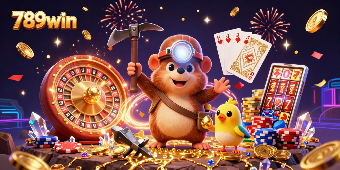 Experience thrilling gaming with 789win as a treasure hunter mole discovers gems and coins in a dynamic casino scene.