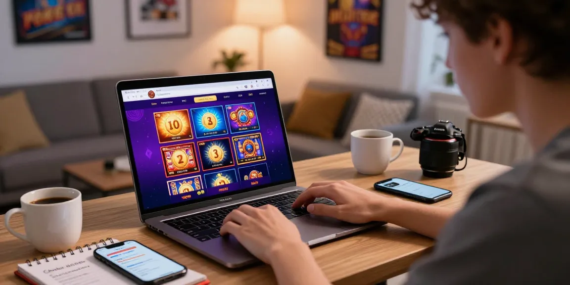 Engaging online gambling setup at home, featuring https://dea.org.uk on laptop screen, showcasing vibrant casino slots and responsible gaming tips.