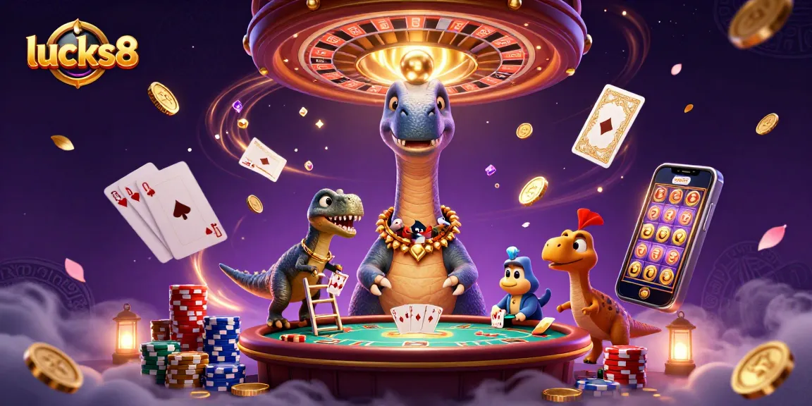Experience excitement at lucks8 with animated characters, golden coins, and vibrant casino elements.