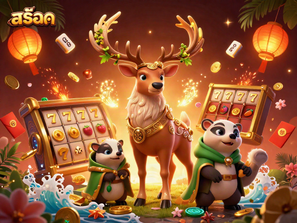 Engage in thrilling สล็อต action with spinning slot reels, vibrant characters, and joyful atmosphere.