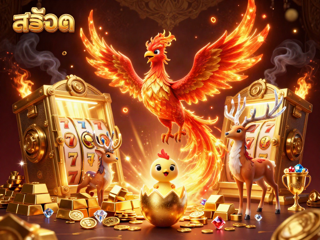 Celebrate wins on สล็อต with a vibrant 3D phoenix scene amidst riches and casino slot symbols.