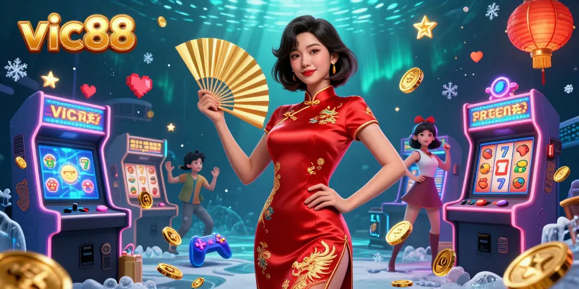 Experience the thrill of vic88 gaming with vibrant characters and slot machines surrounded by gold coins.
