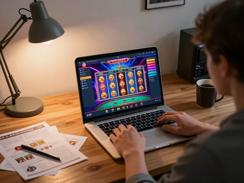 Player engaging with cm8888 online casino app in a cozy home office setting.