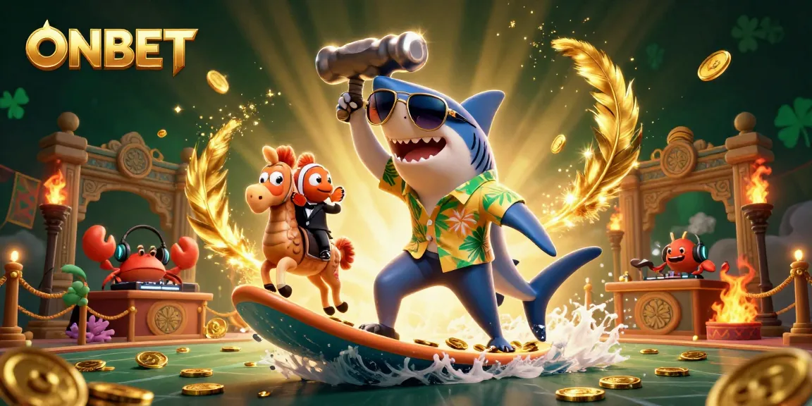 Experience the excitement at ONBET with a vibrant 3D illustration showcasing fun characters surfing on a gold coin wave.