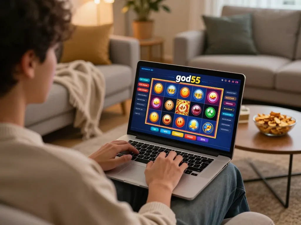 Person playing on the god55 online casino app in a cozy living room, engaging in responsible gaming.