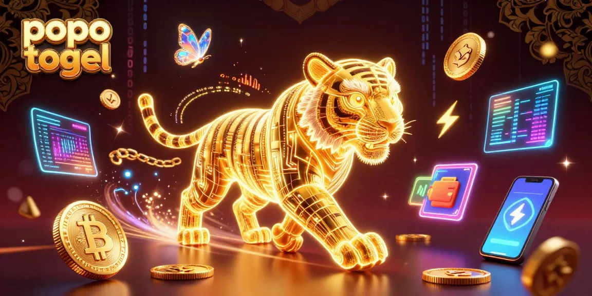 Engage with popo togel in a vibrant casino landscape featuring a golden tiger and neon crypto elements.