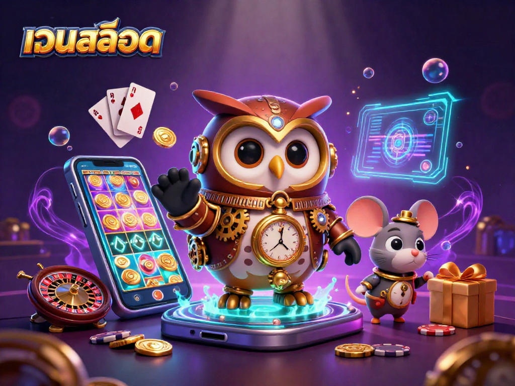 Experience thrilling เว็บสล็อต action with our interactive 3D illustration featuring a time-traveling owl and exciting casino elements.