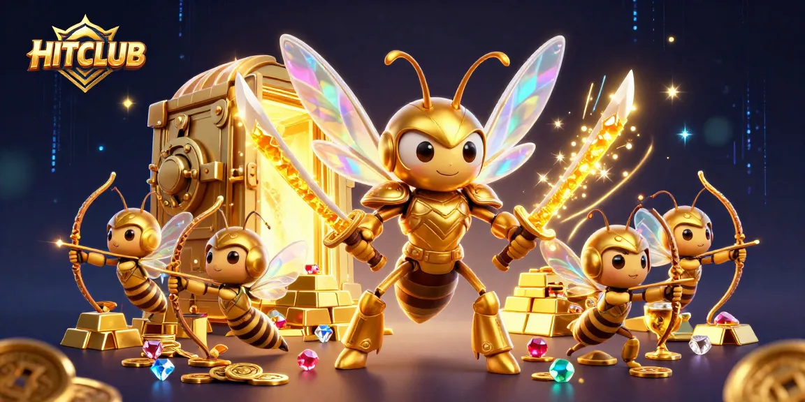 Experience the thrill at HITCLUB with stunning slot machines and gold treasures in a vibrant casino scene.