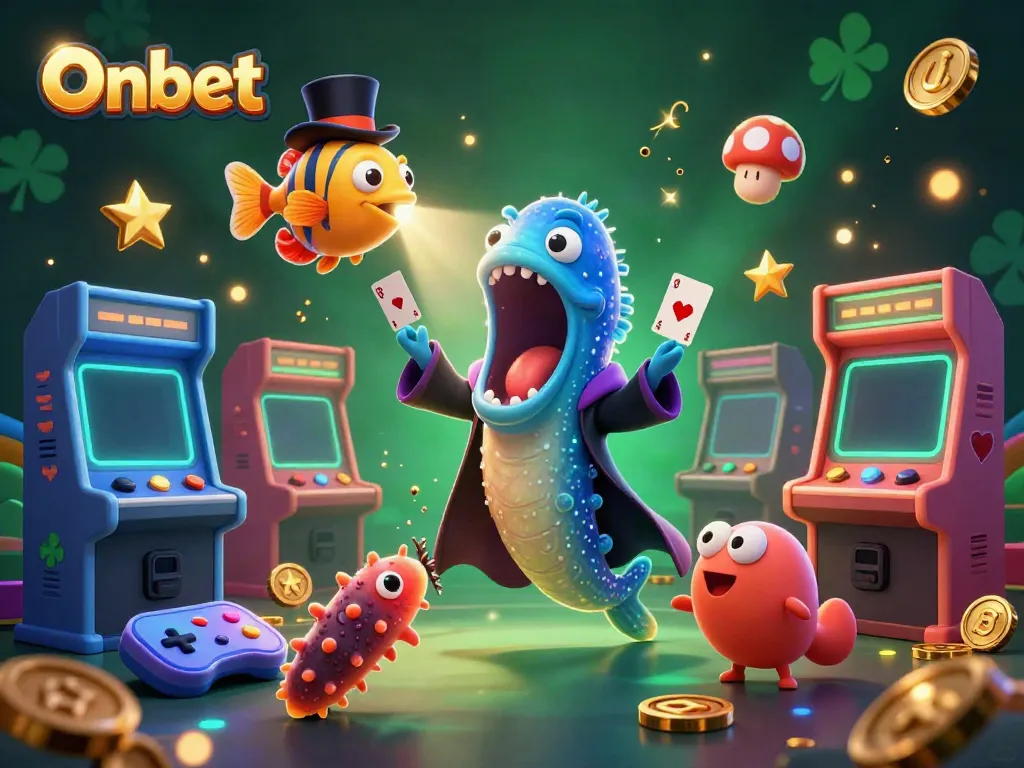 Onbet showcases a dazzling scene with a gulper eel magician, while casino game machines light up the underwater ambience.