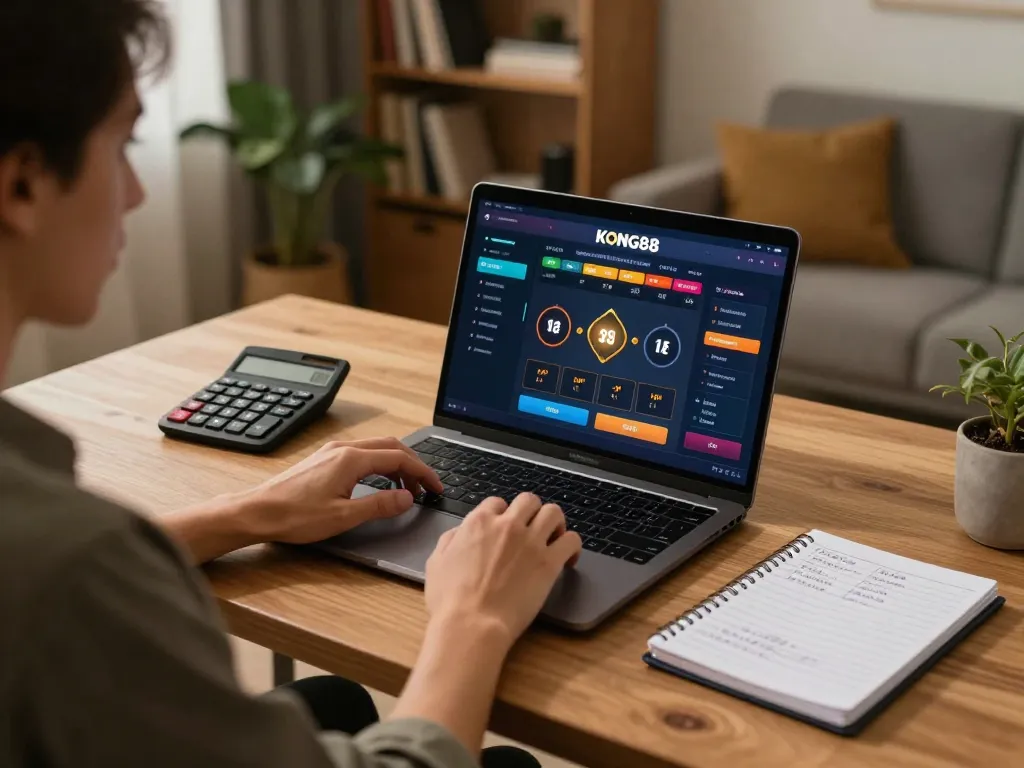 KONG88 player engaging in strategic online gambling from a cozy home setup.