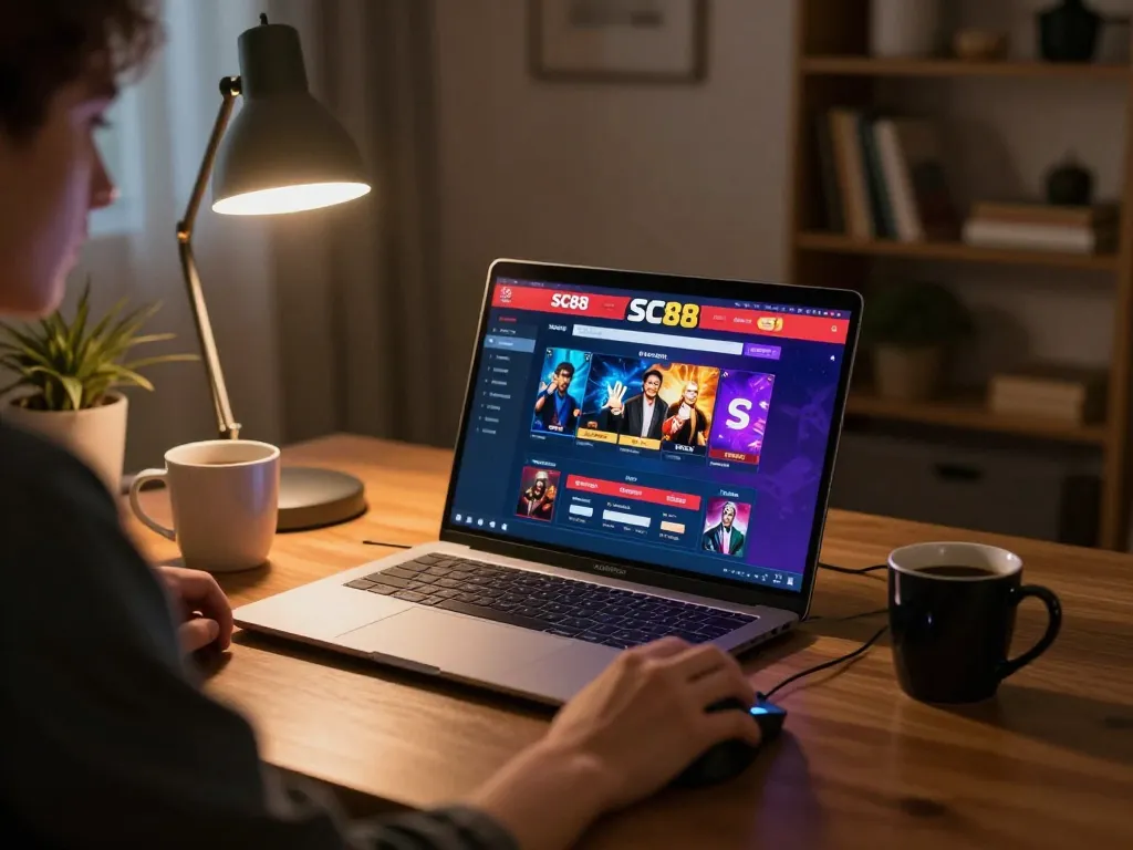 Player engaging with SC88 online casino on laptop, showcasing home gaming excitement and strategy.