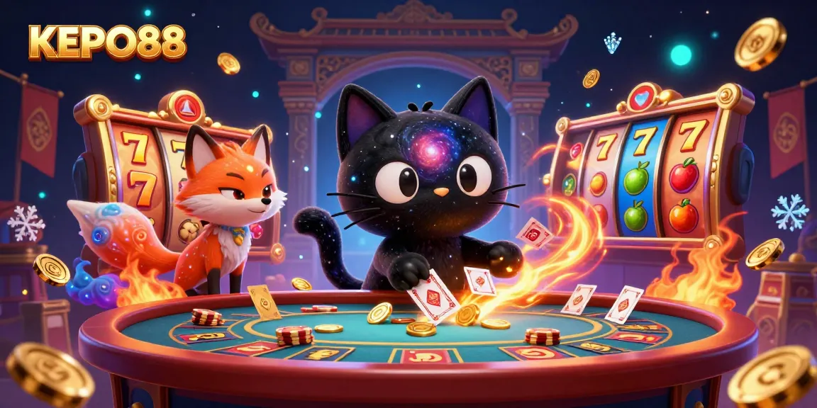 Engage with KEPO88's cosmic casino featuring a gravity-defying black hole cat and nebula fox amid vibrant slots.