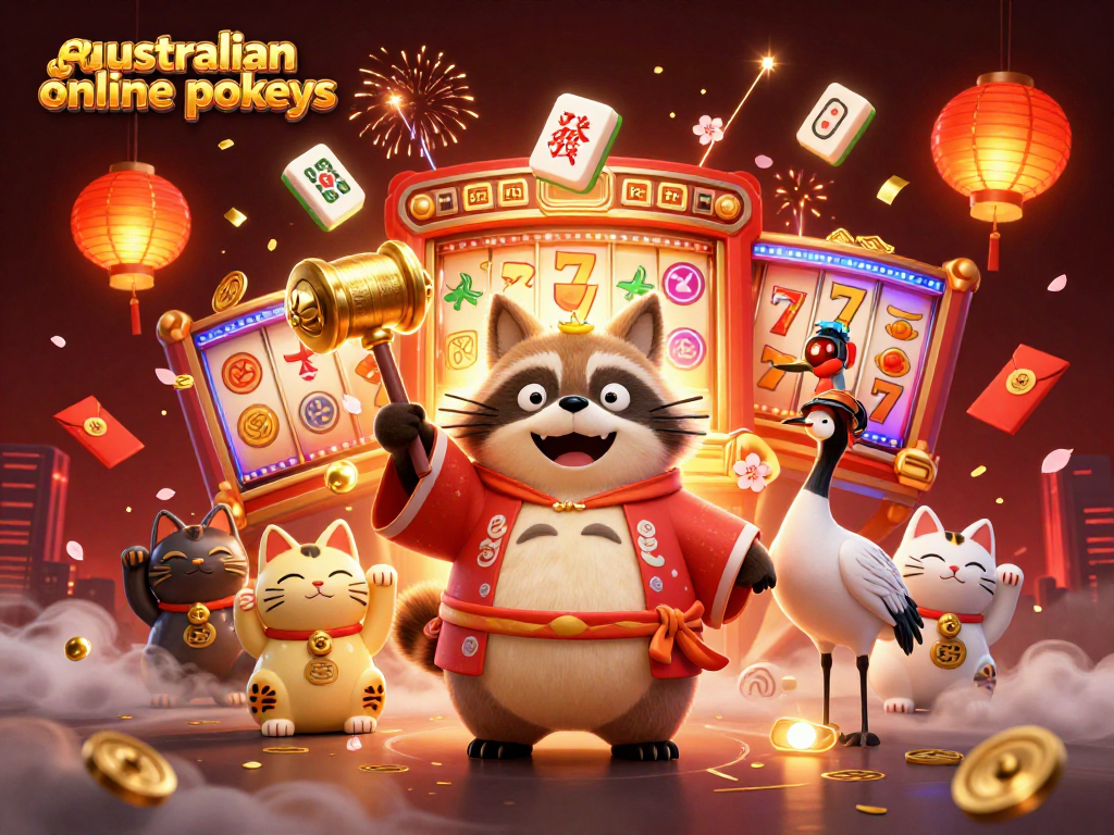 Engage with australian online pokies through dynamic reels and festive characters in a vibrant casino scene.