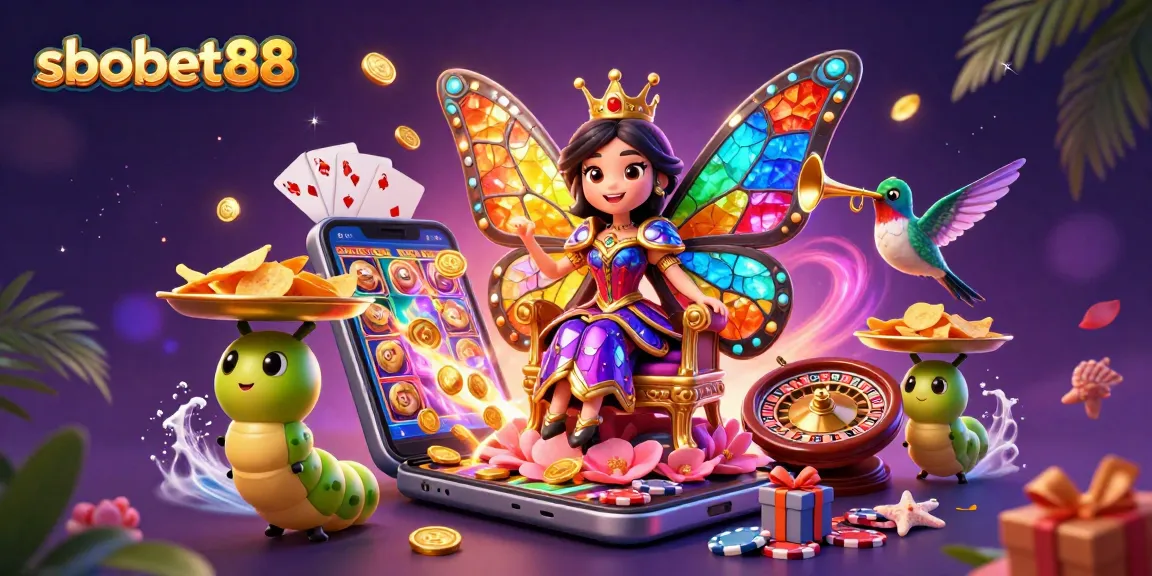 sbobet88 showcases a colorful butterfly queen and gaming elements for exciting casino action