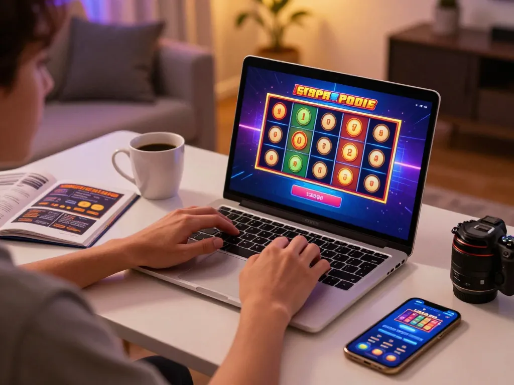 Sit at your desk playing situs slot online, colorful graphics shining from the laptop screen.