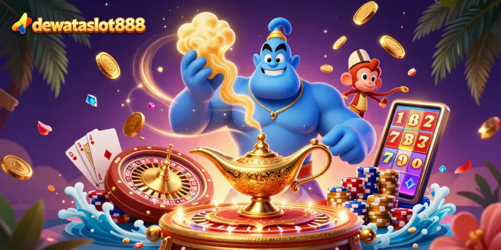 Menangkan jackpot di dewataslot888 dengan genie dan koin emas yang bertebaran.