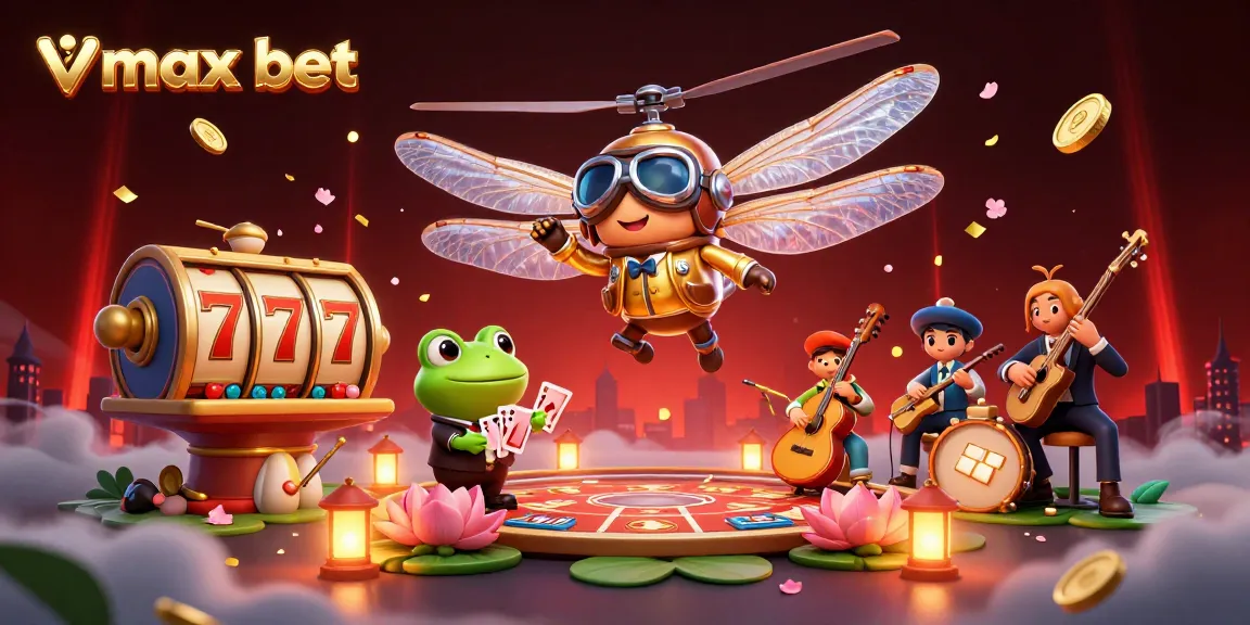 Experience thrilling vmax bet action with a lively casino scene featuring vibrant characters and slot reels.